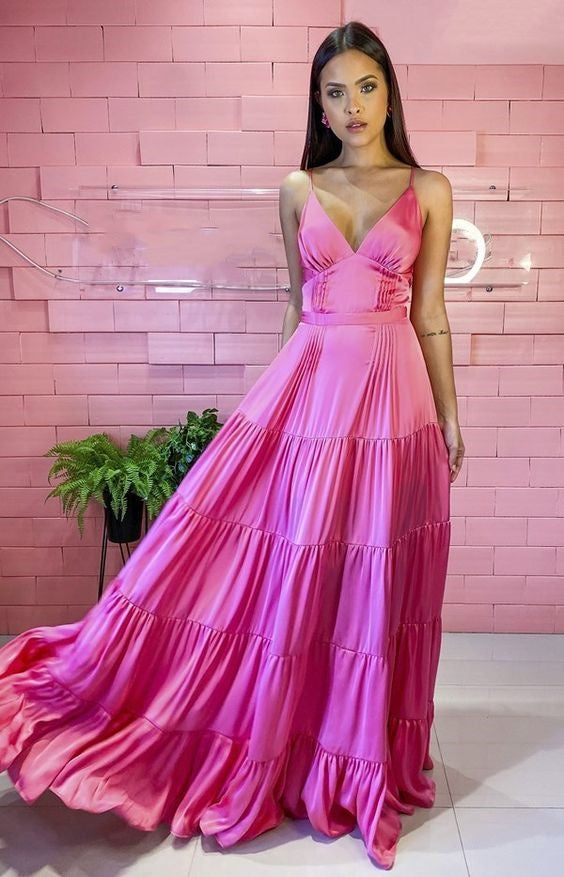 Rosa Mode Einfache Elegante A-linie Lange Seide Satin Ballkleid Geburtstag Party Kleid Abendkleid nv2544