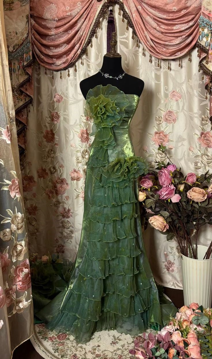 Grünes, glänzendes, modisches, einzigartiges, langes Tüll-Ballkleid-Abendkleid NV3499