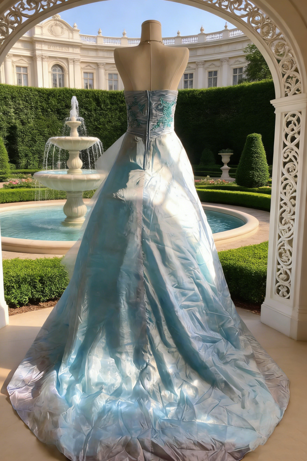 Light Blue Strapless Beaded Gown - Knot Layered Train Evening/Theme Party/Prom Maxi Dress NV6818