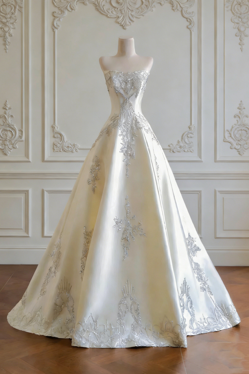 Ivory Satin Silver Thread Embroidered Bridal Gown - Strapless Train Court Style Wedding Dress NV6763