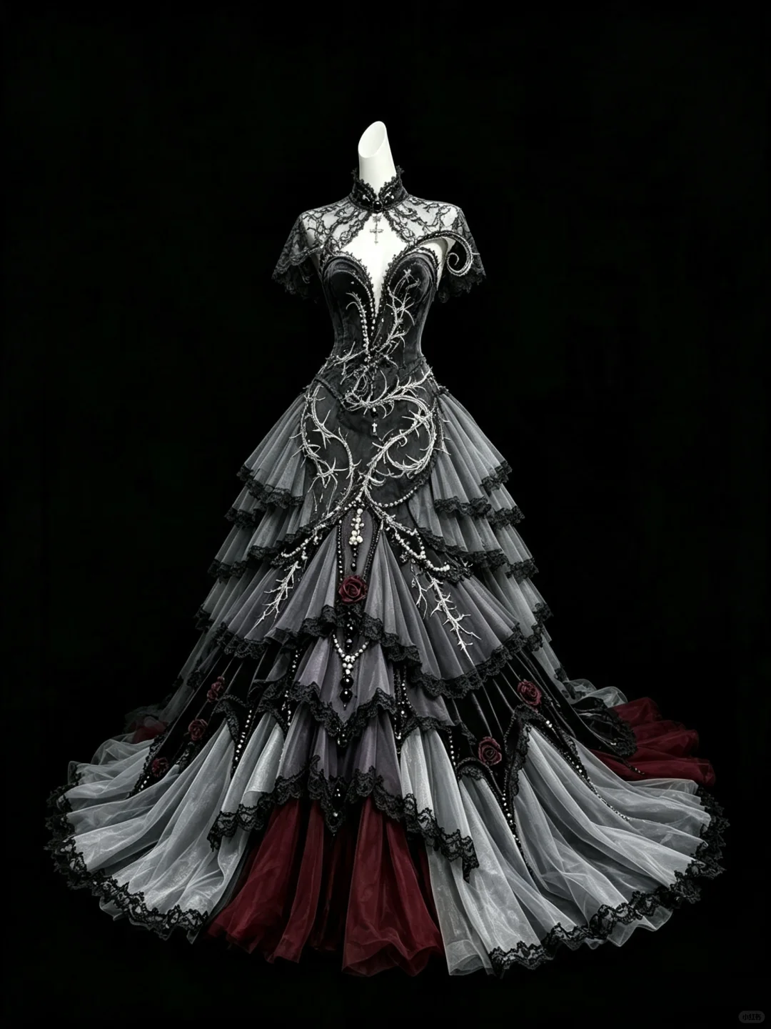 Gothic Black Grey Tiered Cake Prom Dress, Lace Capelet, Thorn Rhinestone & 3D Rose Evening Gown NV7459
