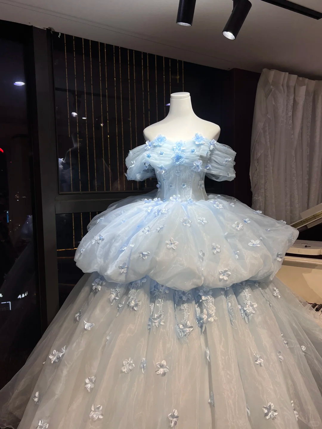 Off Shoulder Light Blue 3D Floral Tulle Ball Gown, Princess Prom Evening Dress NV7098