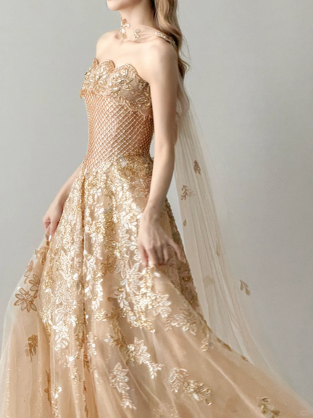 Champagne Strapless Ball Gown Gold Floral Tulle Prom Dress With Streamer NV7113