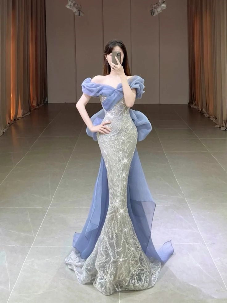 Blaues, glänzendes, langes, elegantes Spitzenballkleid mit Pailletten, Abendkleid, Partykleid nv3249