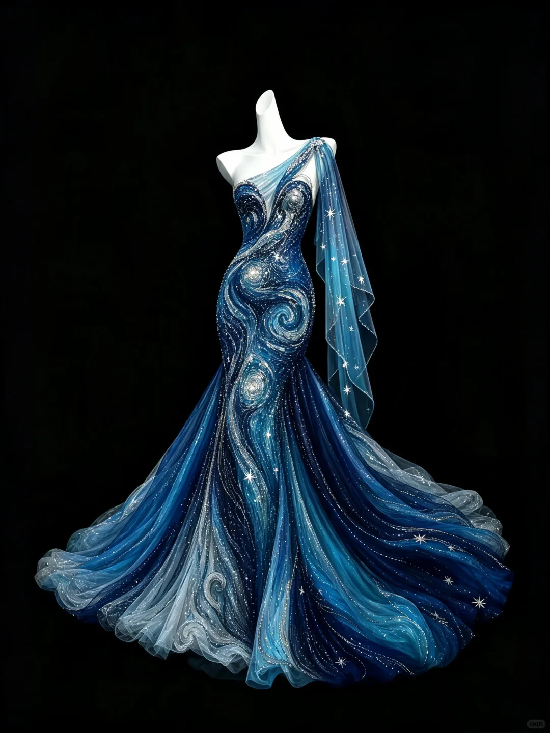 Starry Sky Blue Ombre Mermaid Prom Dress, One Shoulder Star Rhinestone Tulle Evening Gown NV7462