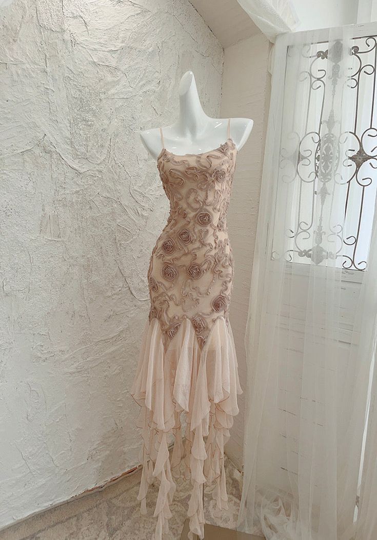 Rosa exquisites langes Chiffon-Ballkleid mit Blumenmuster, Partykleid NV5362