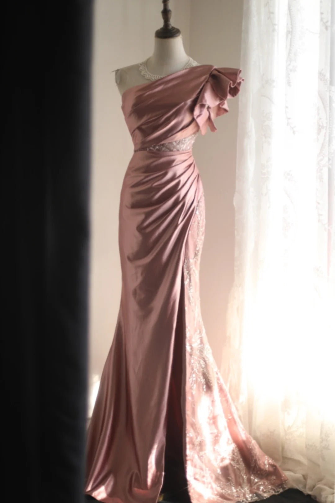Rosa Perlen Elegantes Langes Satin Bodenlanges Ballkleid Abendkleid Partykleid nv4187