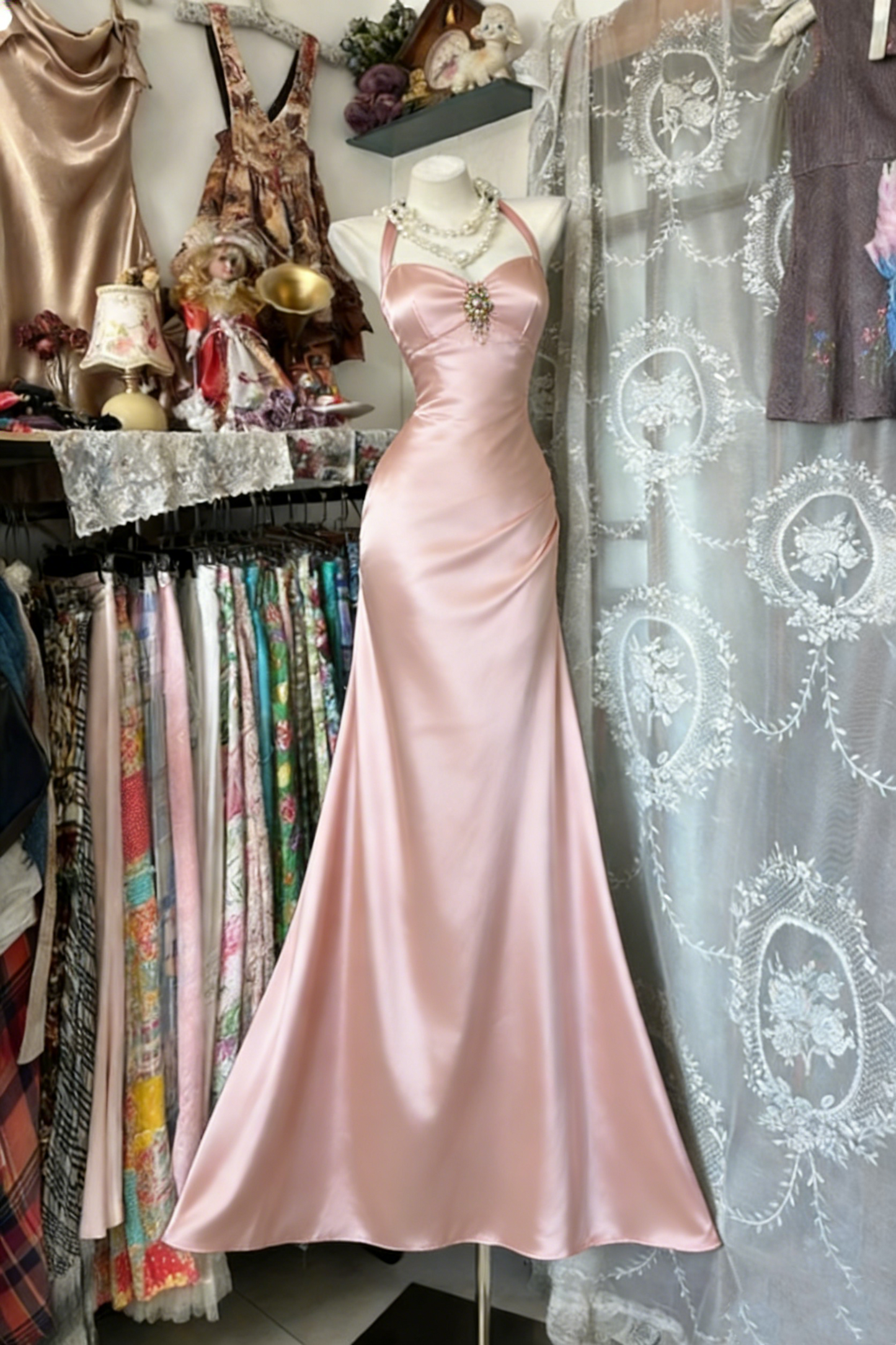 Elegantes langes Retro-Satinkleid NV6659
