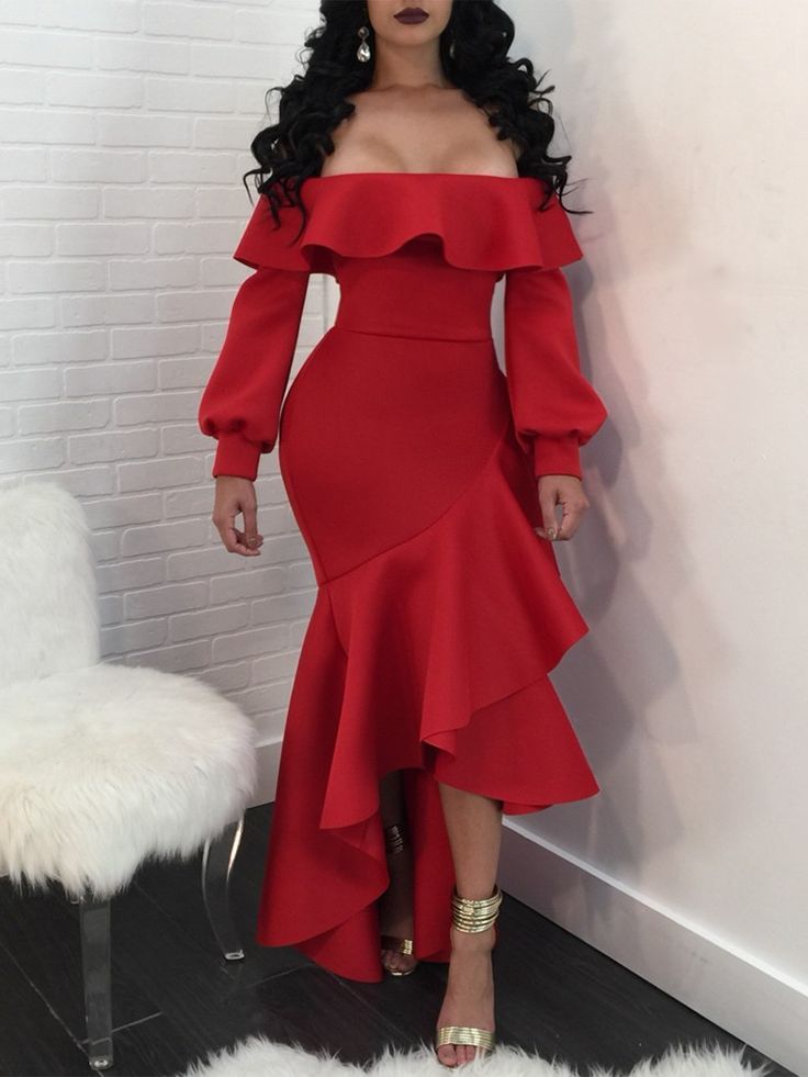 Rotes sexy, elegantes, langärmliges Meerjungfrau-Abendkleid mit schmaler Passform, Partykleid nv2865