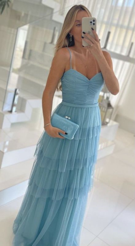 Robe de soirée longue en mousseline de soie à bretelles spaghetti, simple et élégante, bleu clair, nv2484