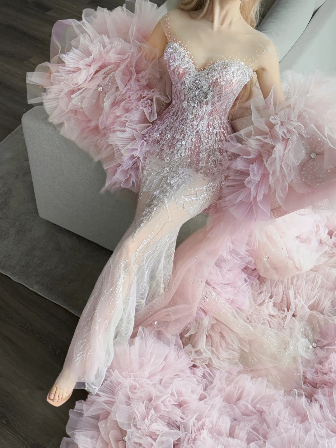 Pink Illusion Neck Beaded Mermaid Prom Dress Sheer Tulle Sweep Train NV7133