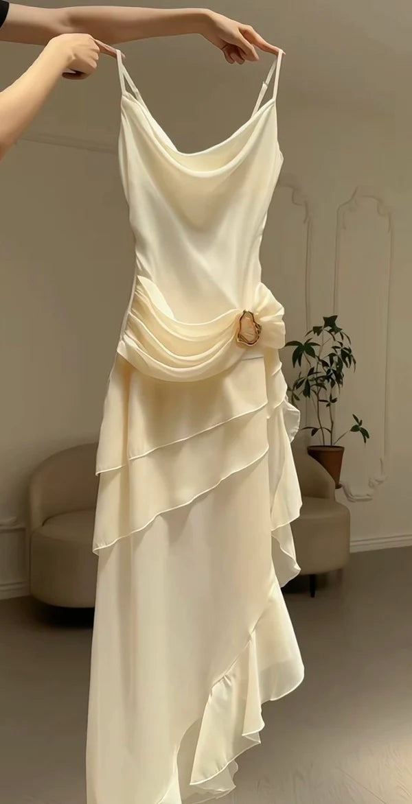 Ivory White Vintage Spaghetti Strap Long Chiffon Ball Gown Evening Dress Party Dress nv4161