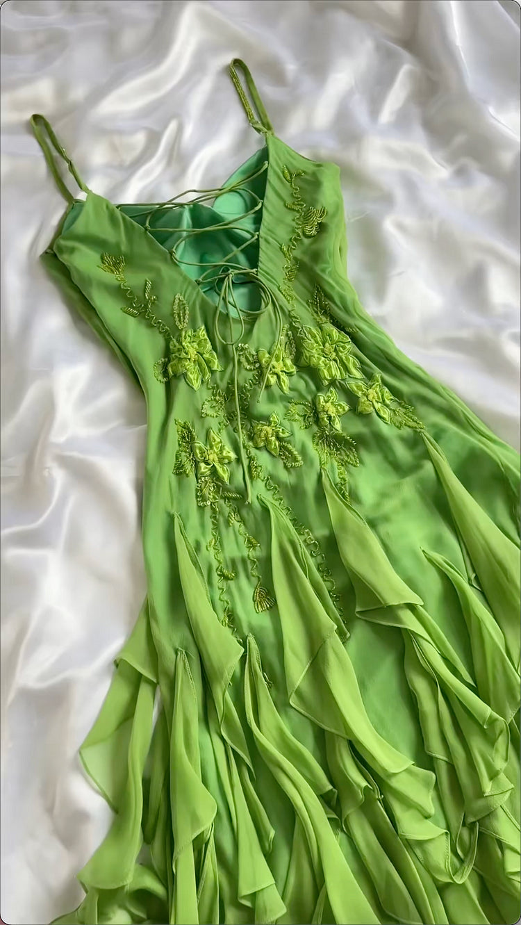 Robe de soirée longue en mousseline de soie, verte, brillante, à la mode, exquise, à bretelles spaghetti, à volants, robe de bal, robe de soirée nv3578