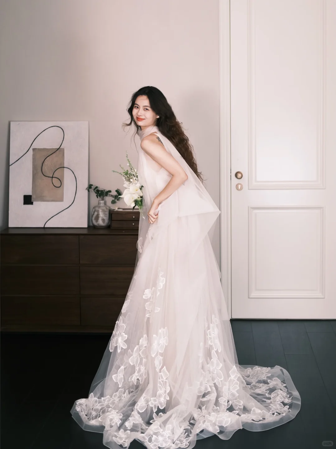 Halter Sheer Tulle Bridal Gown, A-Line Wedding Dress with 3D Flower Petal Appliques NV7327