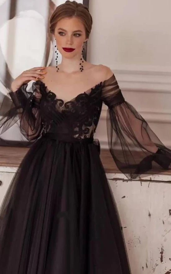 Schwarzes romantisches knöchellanges Langarm-Tüll-A-Linien-Abendkleid mit Applikationen, Ballkleid, Partykleid, NV2567
