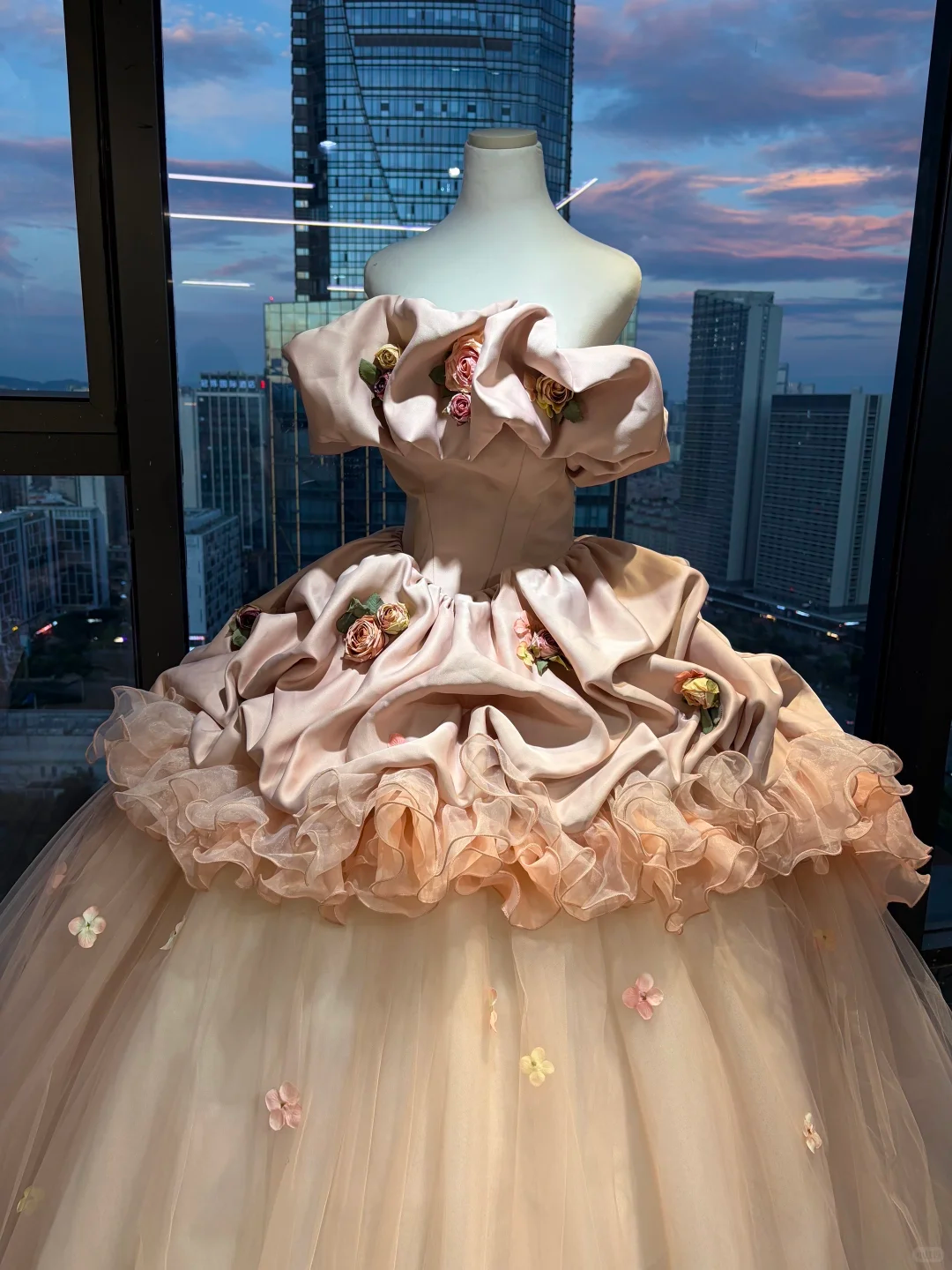 Off Shoulder Blush Pink Vintage Ball Gown 3D Rose Floral Satin Tulle Long Prom Dress NV7026
