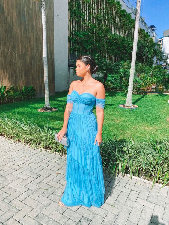 Blaues schulterfreies Kurzarm-Tüll-Rüschenrock langes Ballkleid Abendkleid Brautjungfernkleid Hochzeitsgastkleid nv2677