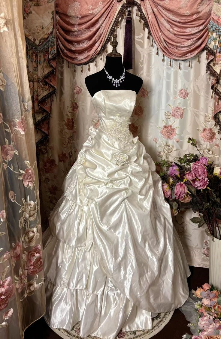 Weißes Tube-Top, elegantes dreidimensionales Rosen-Langsatin-Ballkleid, Abendkleid, Hochzeitskleid nv2962