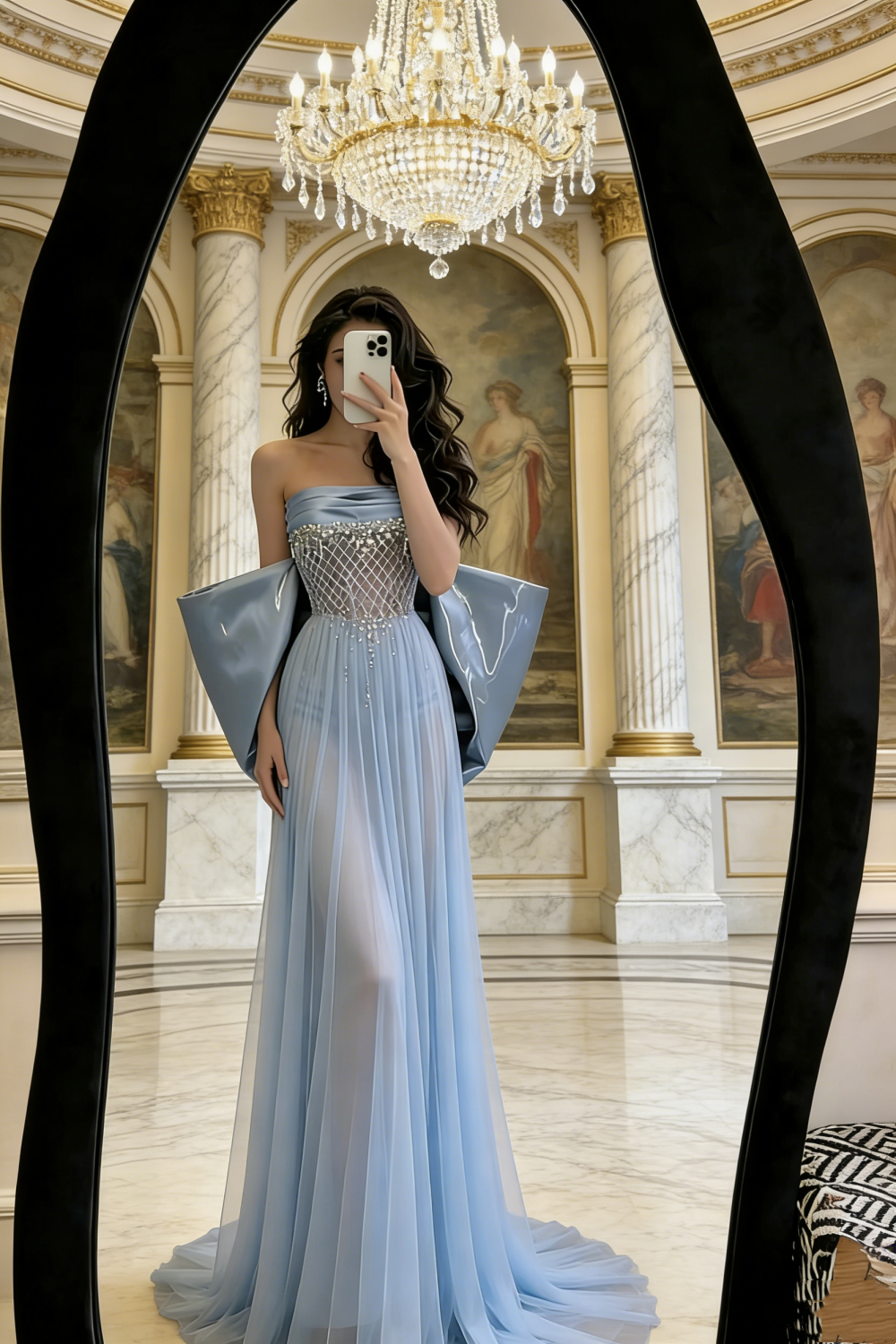Light Blue Strapless Crystal Gown - 3D Shoulder Piece Draped Train Evening/Red Carpet/Date Maxi Dress NV6817