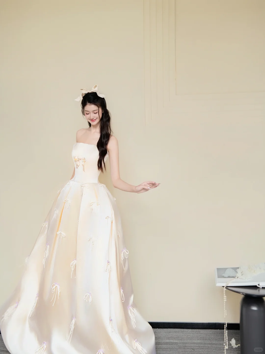 Champagne Strapless Bow Satin Ball Gown Prom Dress NV7434