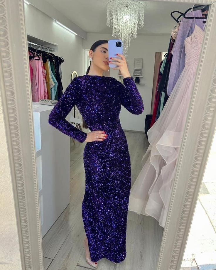 Lila funkelnde Pailletten Langarm Ballkleid Abendkleid Partykleid nv3192