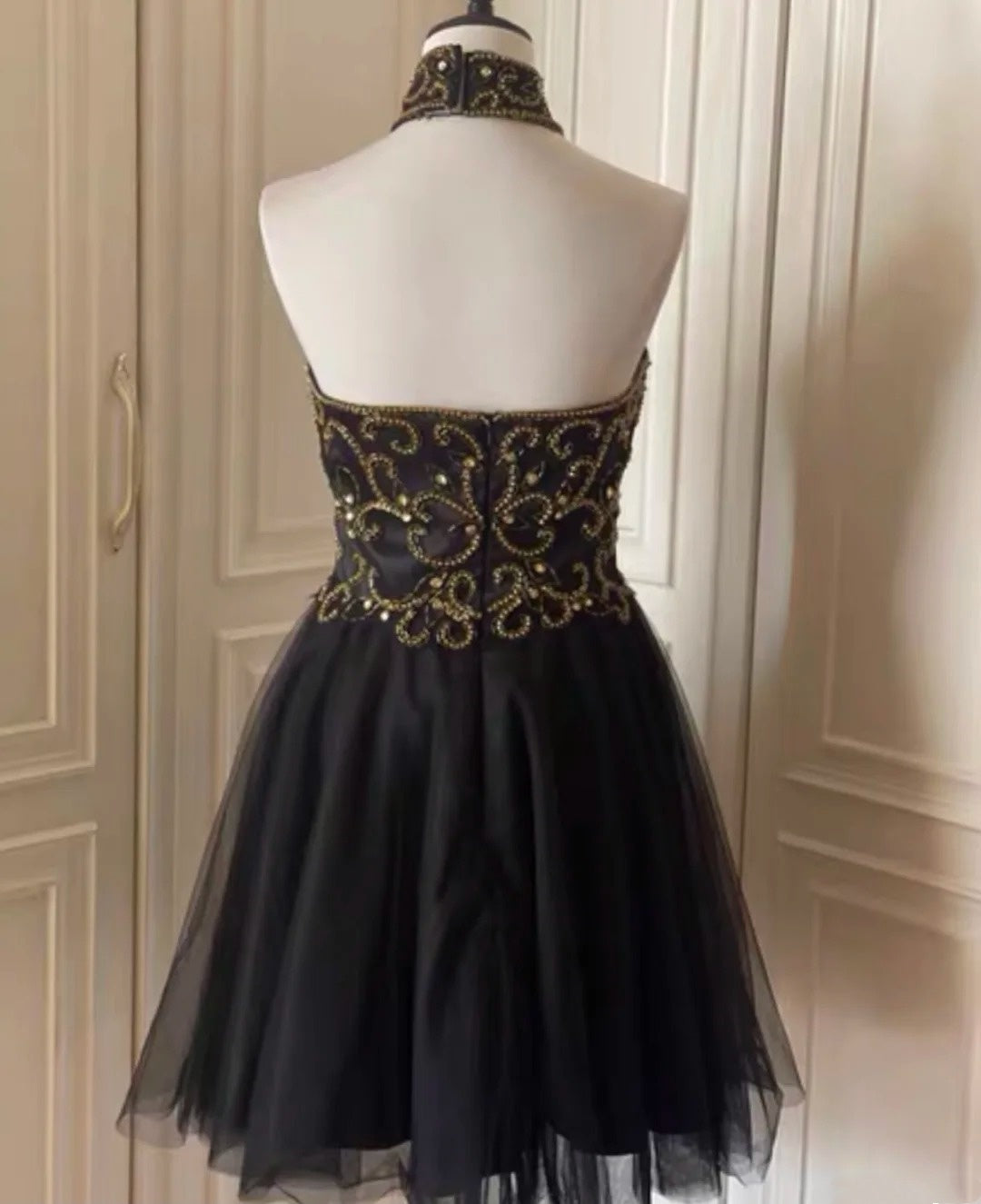 Schwarzes, goldfarbenes, kurzes Vintage-Heimkehrkleid mit Perlen, Geburtstagspartykleid, NV4711