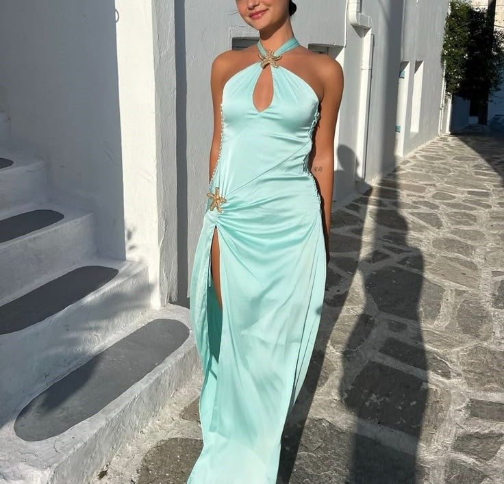 Blue Ocean Goddess Satin Langes Ballkleid Abendkleid Partykleid nv4763