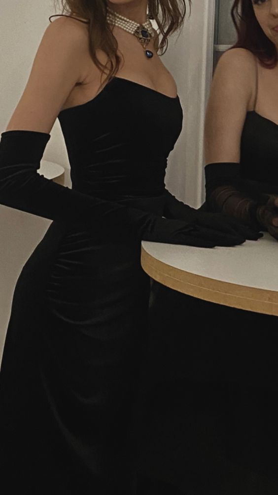 Schwarzes, modisches Tube-Top, elegantes, charmantes, langes Ballkleid-Abendkleid mit Handschuhen nv2784