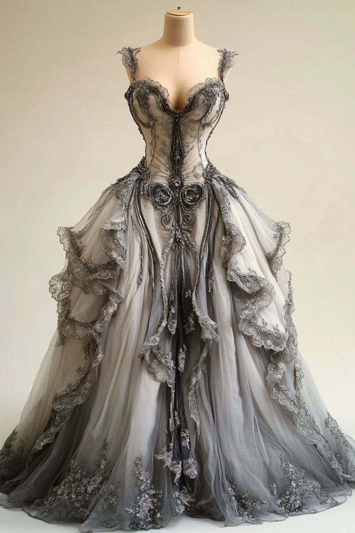 Champagner Grau Retro Mode Elegante A-linie V-ausschnitt Exquisite Spitze Lange Tüll Ballkleid Abendkleid Brautkleid nv3724
