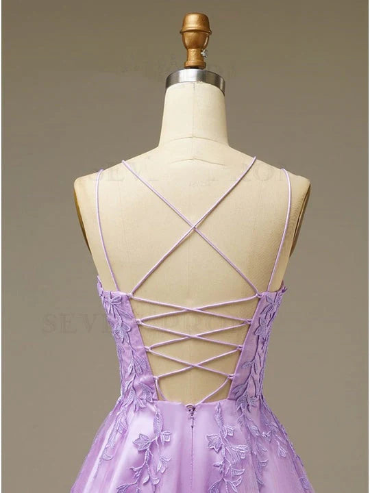 Lila A-Linie Homecoming-Kleid, Cocktailkleid aus Tüll mit Applikationen, nv1599