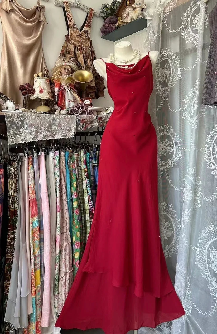 NiceVestidos – Ärmelloses rotes Chiffon-Meerjungfrauenkleid, elegantes Temperament, bodenlanges Abendkleid NV5770