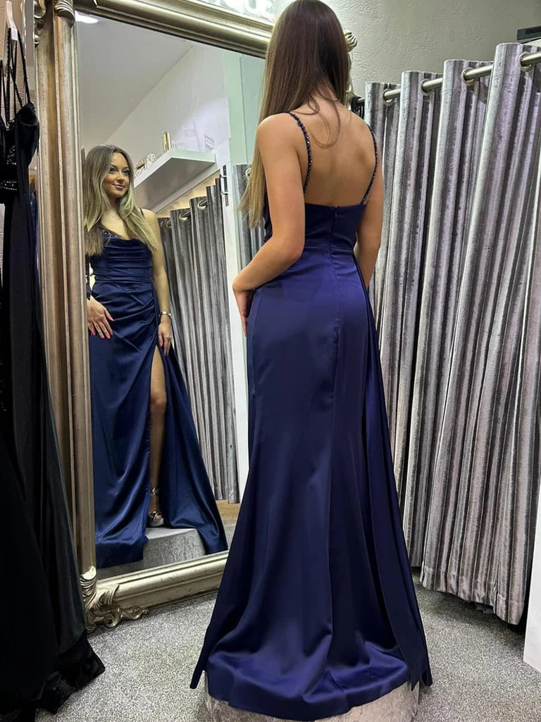 A-Linie, rückenfrei, marineblau, langes Satin-Ballkleid mit hohem Schlitz, langes, marineblaues, formelles Abschluss-Abendkleid, nv1503