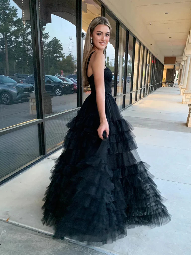 A-Linie, herzförmiger Ausschnitt, Perlenträger, lila/schwarz, lange Ballkleider, lila/schwarz, mehrlagiges Tüll-Abendkleid, nv1505