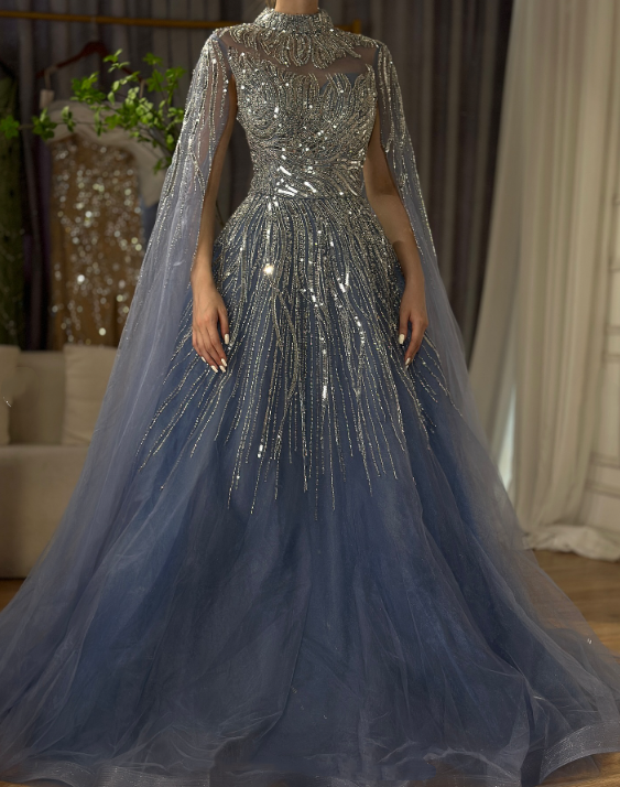 NiceVestidos - Robe longue en tulle bleu, exquise et luxueuse NV6074