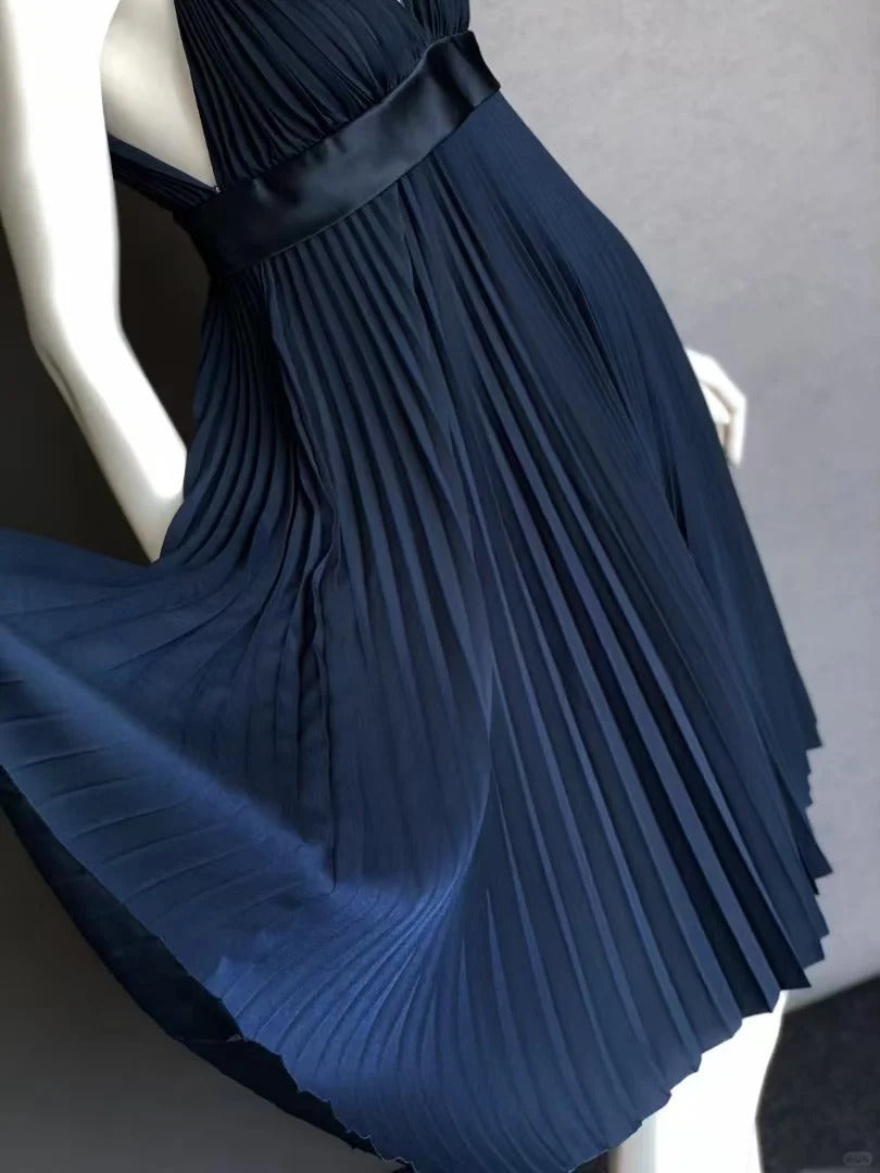 Robe de soirée plissée courte en satin bleu marine, robe d'anniversaire nv5142