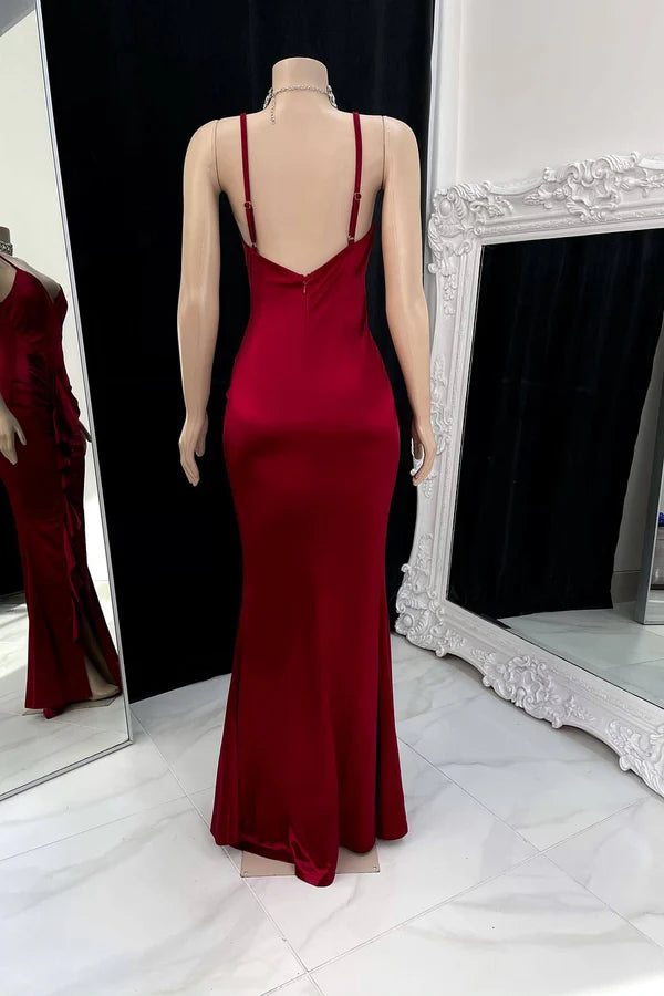 Sexy Burgunder Meerjungfrau Mode Plissee Spaghettiträger Schlitz Ballkleid Abendkleid Partykleid NV2274