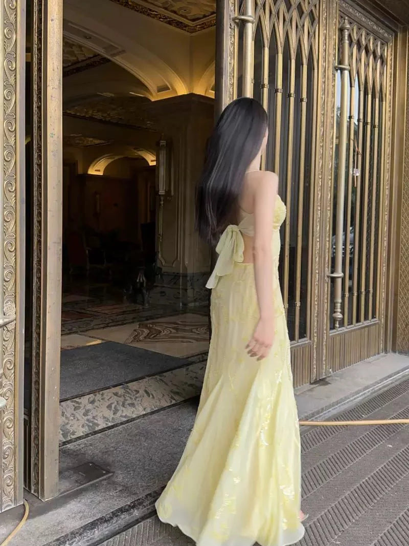 Süßes, elegantes Meerjungfrau-Abendkleid mit Spaghettiträgern und gelbem Chiffon, langes Ballkleid mit Perlenbesatz, nv2759