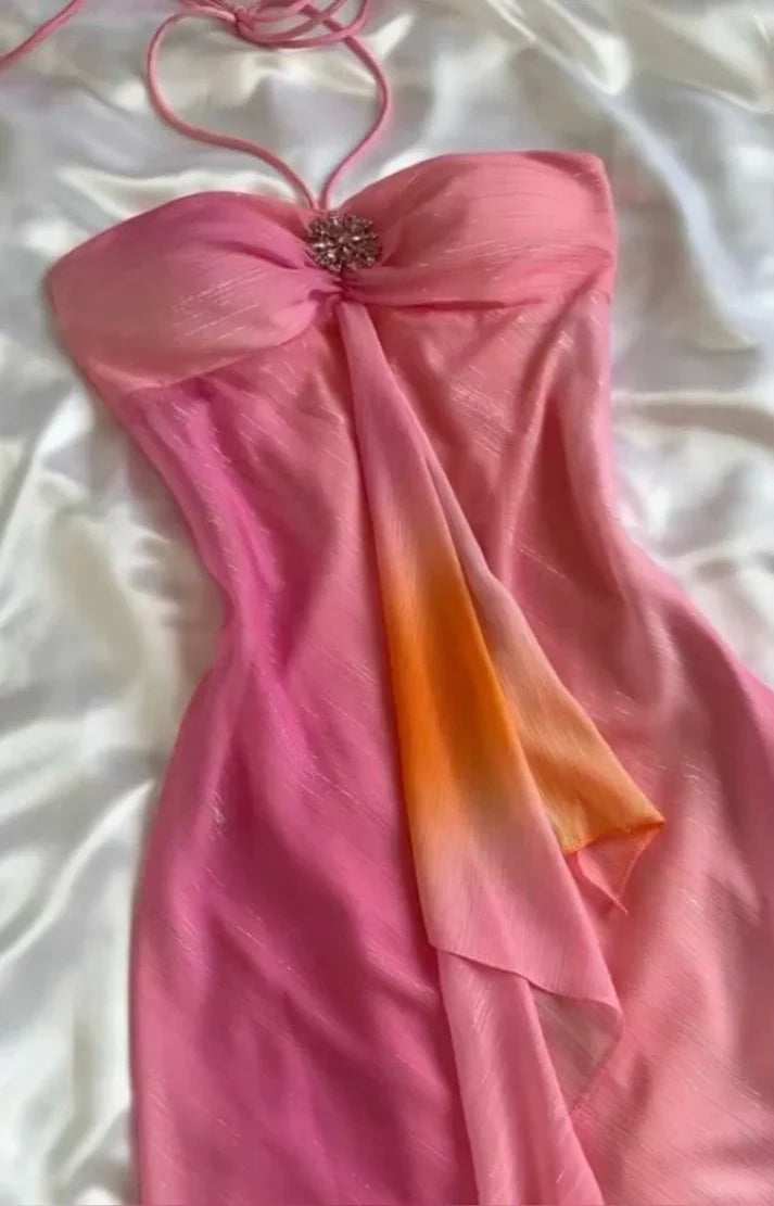 Rosa Wunderschöne Gradienten Trägerlosen Langen Chiffon Elegante Ballkleid Abendkleid Party Kleid nv4610