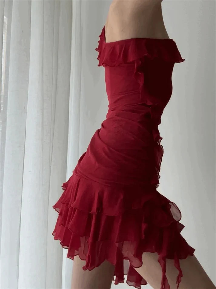 Rotes ärmelloses kurzes Ballkleid mit Rüschen, Homecoming-Kleid, NV1956