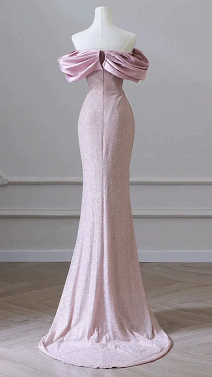 Rosa, schlichtes, schulterfreies, langes Ballkleid mit Pailletten im Meerjungfrauen-Stil, nv1918