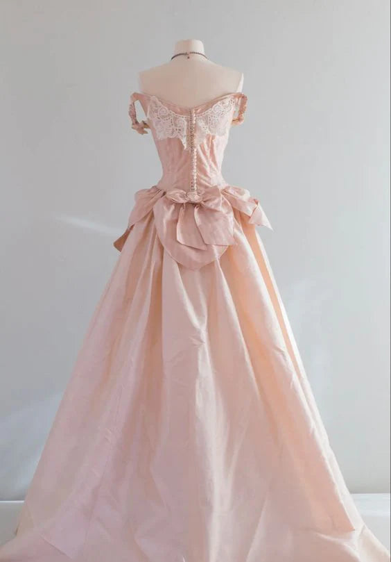 Rosa 3D Blumen Retro Elegante A-Linie Off-the-Shoulder Langes Ballkleid Abendkleid nv2942