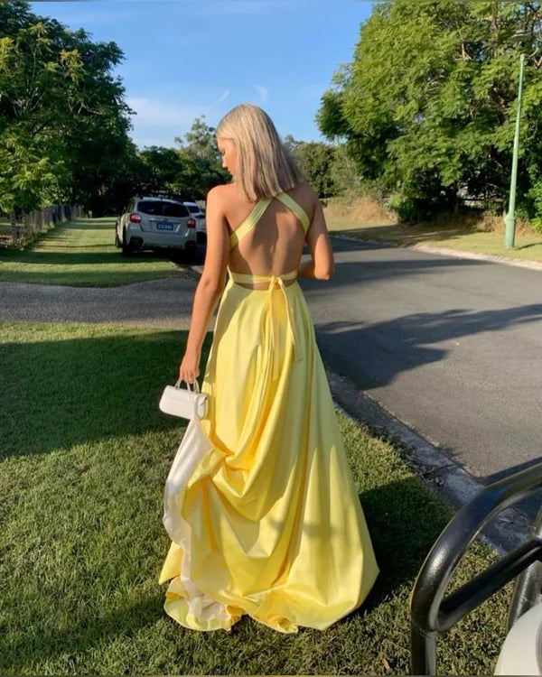 Gelbes tiefes V-Ausschnitt-A-Linien-Kleid mit offenem Rücken und Schlitz, langes Ballkleid, formelles Partykleid, Abendkleid nv2481