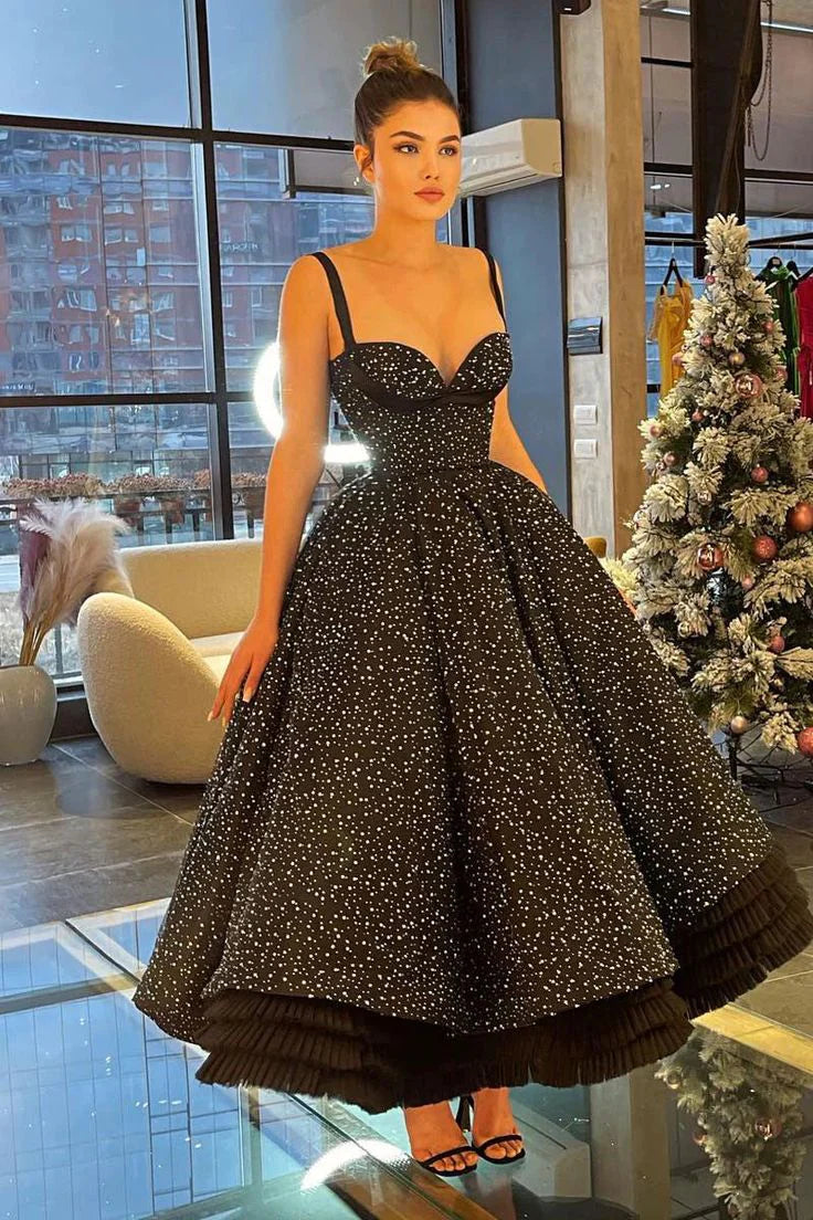 A-Linie, glänzend, elegant, schwarz, knöchellang, Maxi-Abendkleid mit Rüschen, Ballkleid nv2754