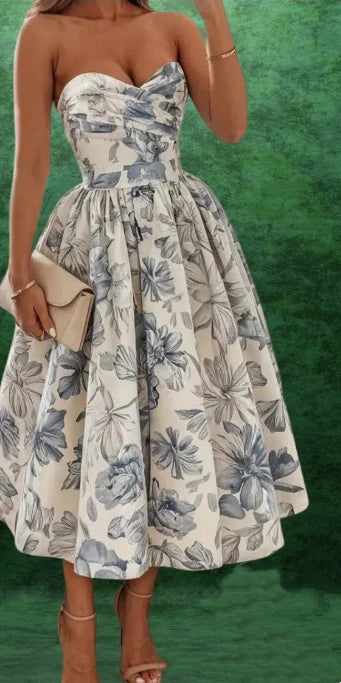 Blaues, schulterfreies, modisches, kurzes Satin-Heimkehrkleid mit Blumenmuster, Geburtstagspartykleid, NV5280