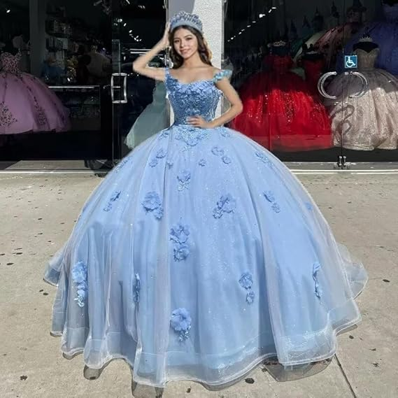 Wunderschönes, süßes, schulterfreies, exquisites, langes Ballkleid mit Blumenapplikationen aus Tüll in Blau, Abendkleid, NV3434