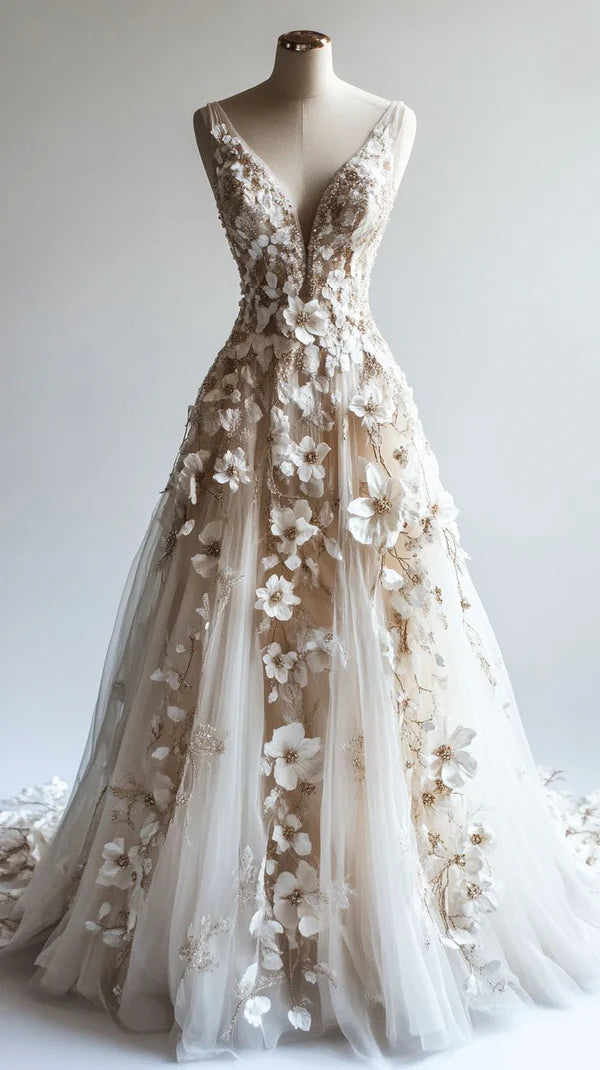 Robe de soirée Champagne Flower Garden Deep V Floral 3D Floral NV6566