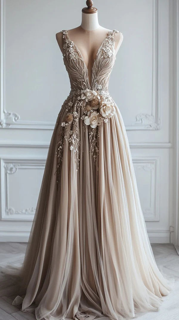 Champagner A-Linie Tiefem V-Ausschnitt Tüllapplikation Langes Ballkleid Abendkleid Brautjungfernkleider nv3795