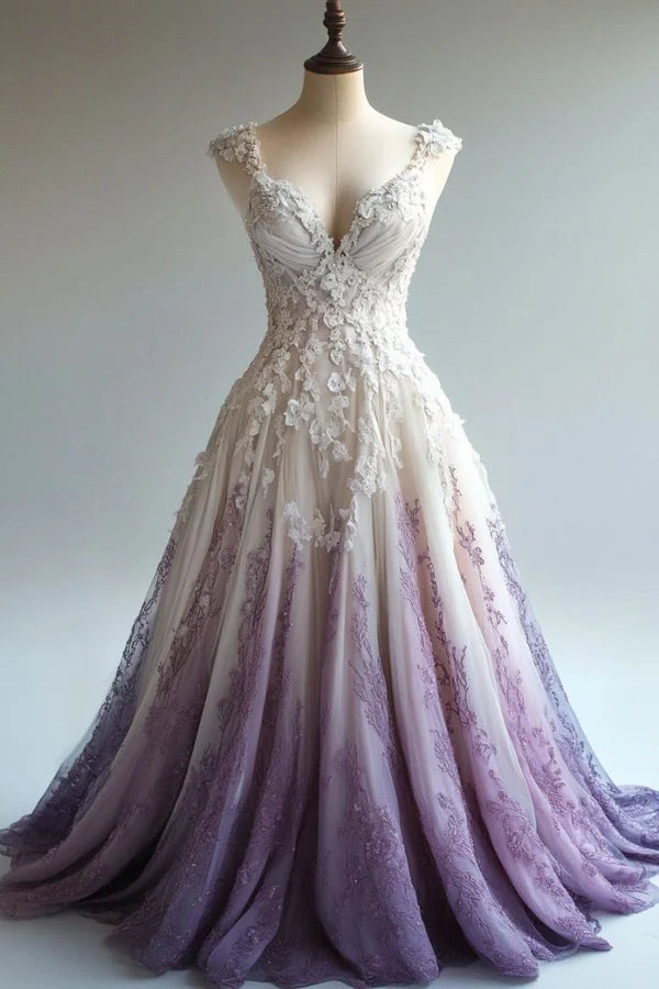 Rosa und lila elegante Farbverlauf exquisite Perlen Applikation A-Linie Herzausschnitt Halsband Tüll lange Ballkleid Abendkleid Brautkleid nv3754
