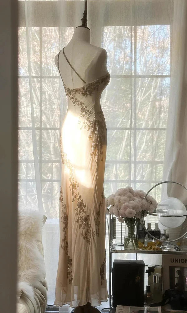 Robe moulante vintage champagne en mousseline de soie, asymétrique épaule dénudée, longue robe de bal perlée, robe de soirée, robe de bal de fin d'année, robe de soirée nv4110
