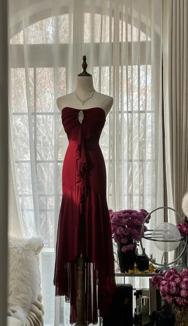 Vintage Rote Meerjungfrau Off-die-schulter Lange Chiffon Ballkleid Abschlussballkleid Partykleid nv3761